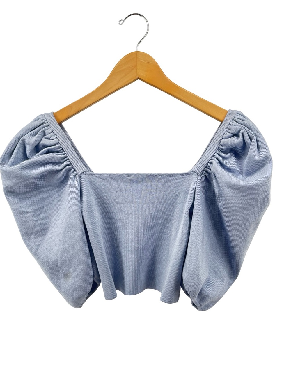 Zara Puff Sleeve Ribbed Crop Top Blue Sheen Knit Size Small - Picture 3 of 7